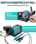 Two In One Microsoldering Station With Precision Iron And Hot Tweezers, showing dual handpieces and receptacles for efficient SMD repairs.