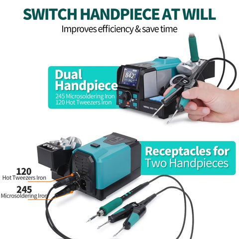 Two In One Microsoldering Station With Precision Iron And Hot Tweezers, showing dual handpieces and receptacles for efficient SMD repairs.