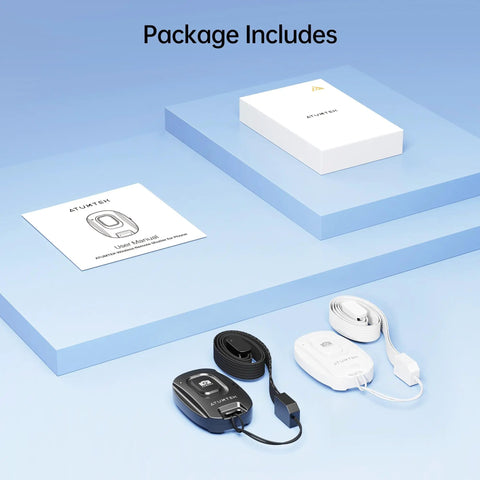 Package includes Wireless Camera Remote Shutter For iPhone And Android Two Pack With Wrist Strap, Bluetooth 5.2, black and white.