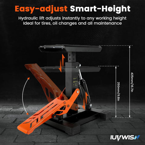Adjustable Dirt Bike Stand And Motorcycle Lift Jack 1000 lb Capacity Hydraulic Lift with Pedal, heavy-duty iron stand