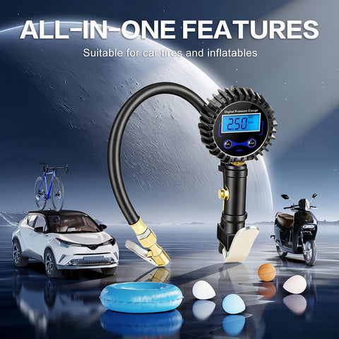 Digital Tire Pressure Gauge With Inflator And 250 PSI Heavy Duty Air Chuck Quick Connect Hose For Cars And Inflatables LED