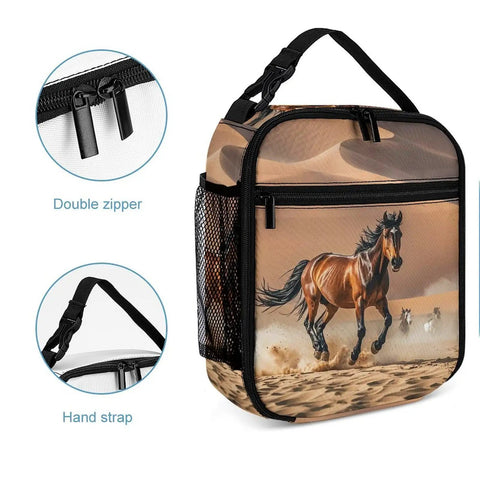 Insulated Lunch Bag With Large Capacity Cooler Tote For Work Office Grab And Go Picnics Beach And Camping Leakproof Water Resistant Durable Polyester With Handle Easy Clean Horses Running Desert Storm Design, featuring design details like double zipper and hand strap.
