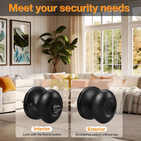Slick Egg Style Privacy Knobs Keyless Interior Door Handles Matte Black Stainless Steel Finish, interior and exterior view.