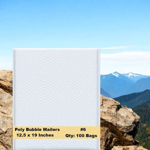 12.5 By 19 Inch White Poly Bubble Mailers Self Seal Padded Packing Envelopes, 100 Pack, mountain backdrop