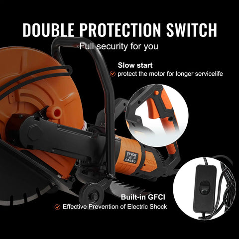 Heavy Duty Electric Concrete Saw With 16 Inch Circular Blade And A 3200 Watt Motor showcasing double protection switch features.
