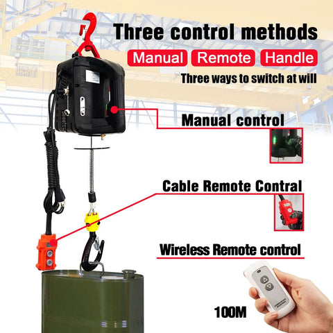 Super Durable 1100 Lb Electric Hoist Winch In 3 1 Design With 25 Ft Lifting Height And Overload Protection showing control methods.