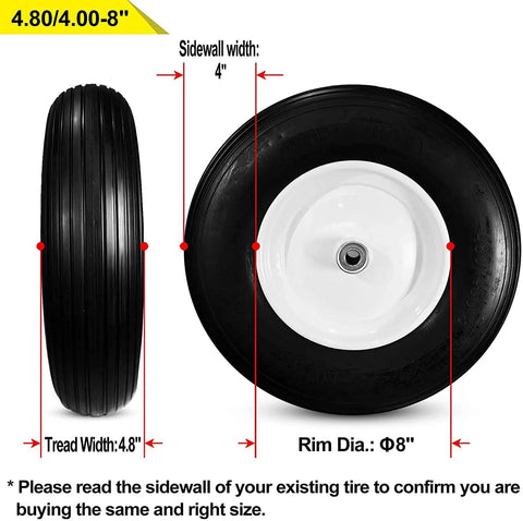 Set Of Two Heavy Duty Solid Flat Free Tires For Wheelbarrow And Utility Cart, 4.80 4.00 8 Size showing tread width and rim diameter.