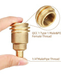 Heavy-Duty Propane Quick Connect Adapter QCC1 Type 1 To One Quarter Inch Male NPT Brass Tank Connector in hand