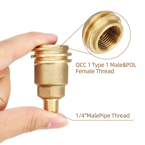 Heavy-Duty Propane Quick Connect Adapter QCC1 Type 1 To One Quarter Inch Male NPT Brass Tank Connector in hand