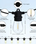 Diagram of shatterproof LED outdoor string lights 48ft IP65 with details on wire, plug, and bulb dimensions.