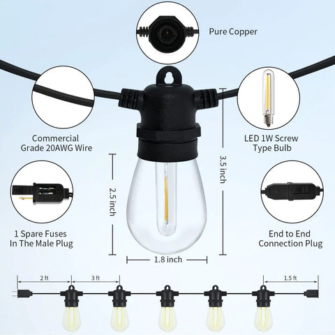 Diagram of shatterproof LED outdoor string lights 48ft IP65 with details on wire, plug, and bulb dimensions.