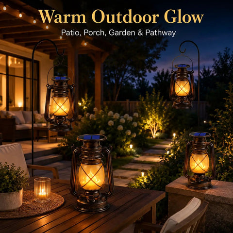 Outdoor Solar Lanterns With Lit Dancing Flame LED Lights For Patio And Garden, Waterproof Hanging Lanterns, Auto On Off, Energy Saving Camping Lamps, Landscape Decor For Yard Pathway And Porch, 2 Pack