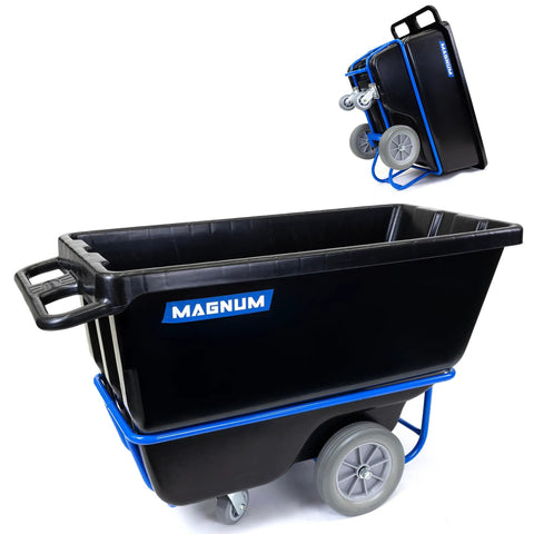 Half Cu Yd Dump Cart With Non Marking 12 Inch Wheels And 5 Inch Casters, Forklift Ready Frame, 850 Pound Capacity, side view