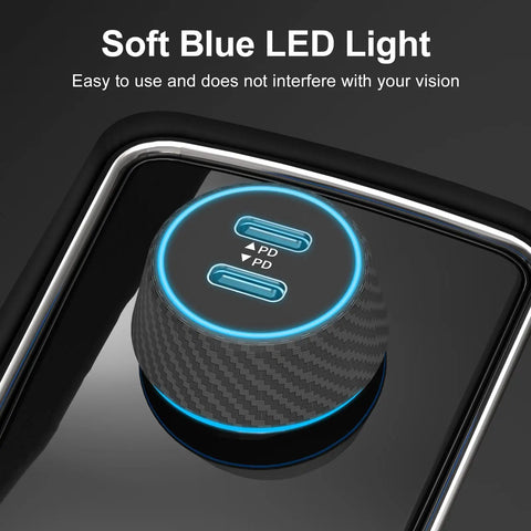 Two Pack Dual 45W PD USB C Car Charger With 90W Total Output, soft blue LED light on carbon-textured surface