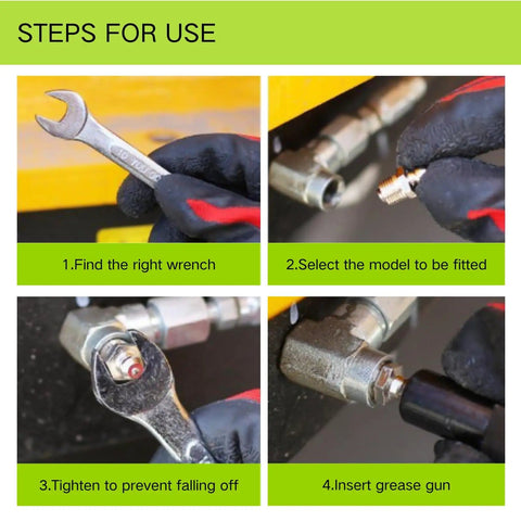 Steps for using Beefed Up 20 Piece Grease Fittings Kit with SAE and Metric Zerk Fittings, wrench and grease gun in use