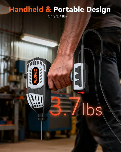 Person holding Portable 110V Arc Welder With IGBT Inverter, 20 To 120A Adjustable Current, weighing 3.7 lbs in a workshop