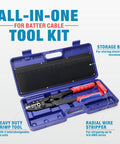 Pro Grade Lug Crimping Tool Kit For Battery Cables, 8 AWG To 4/0 shown with crimper, dies, stripper, and case
