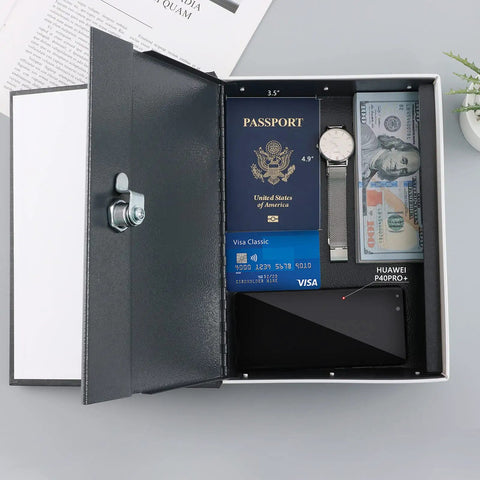 Open Hidden Diversion Book Safe With Key Lock Extra Large Black 10.5 Inch By 7.8 Inch By 2.6 Inch Metal Lock Box with valuables inside