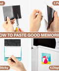 Steps to use Flexible Magnetic Sheets With Self Adhesive Backing for fridges and classrooms, showing cutting, peeling, sticking, and displaying.