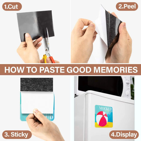 Steps to use Flexible Magnetic Sheets With Self Adhesive Backing for fridges and classrooms, showing cutting, peeling, sticking, and displaying.