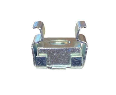 Top Shelf 12-24 Zinc Cage Nuts 100 Count Snap In Square Hole Rack Hardware close-up of zinc plated spring steel nut for mounting.