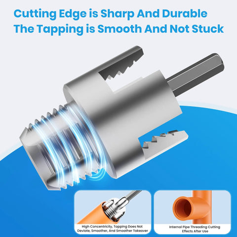 Close-up of All In One PVC Pipe Threading Tool for 1/2 and 3/4 inch pipes with dual function internal and external threads.