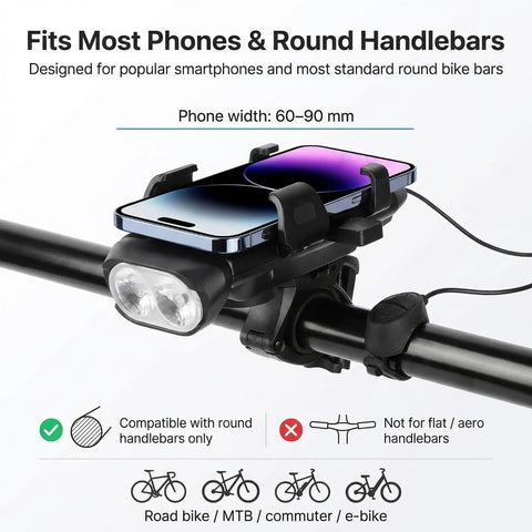 4 In 1 All In One Bike Phone Mount With LED Headlight And 130dB Horn, 3000mAh USB Backup Charger And Secure Handlebar Phone Holder For Road, Mountain And E Bikes, Night Ride Safety And Easy Install