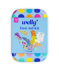 Welly First Aid Kit tin with blue label and colorful polka-dot wrap, 70 count.