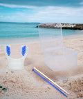 Two Pack Silicone Snorkel Mouthpieces For Scuba Diving Regs, Wide Compatibility With Most Regulators, Reusable Durable Mouthpieces With Ties And Storage Box, Blue on sandy beach
