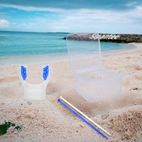 Two Pack Silicone Snorkel Mouthpieces For Scuba Diving Regs, Wide Compatibility With Most Regulators, Reusable Durable Mouthpieces With Ties And Storage Box, Blue on sandy beach