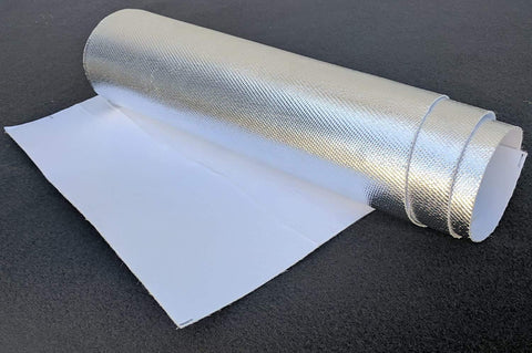 Aluminized Heat Shield Thermal Barrier with Adhesive Backed Heat Blanket 12x24 inch roll showing reflective surface.