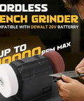 Asixxsix Mini Bench Grinder With Variable Speed Up To Six Thousand RPM Dual Wheels For Metal Wood Knife Making And Jewelry Buffing Cordless Design compatible with DEWALT 20V battery.