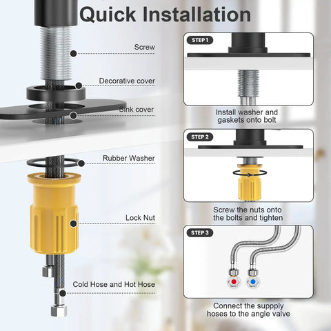 Quick installation guide for Top Shelf Stainless Steel Bathroom Sink Faucet With Slick Matte Black Finish And Full 1080 Degree Swivel Spout.