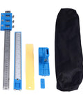 Precision Aluminum Punch Locator Drill Guide Jig For Pro Level Cabinetry And Carpentry Delivering Straight Up Zero Drama Doweling And Knockout Fitment Every Time set of blue alignment tools with a black carrying case.