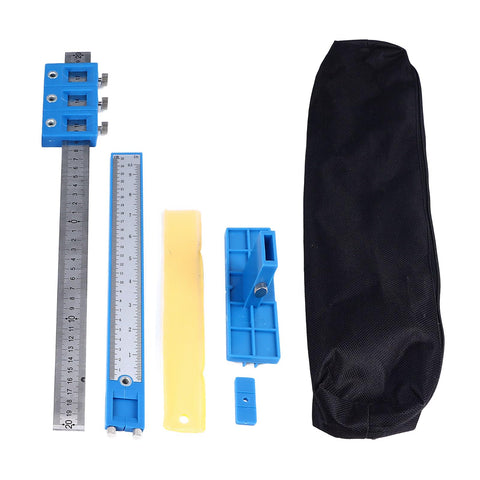 Precision Aluminum Punch Locator Drill Guide Jig For Pro Level Cabinetry And Carpentry Delivering Straight Up Zero Drama Doweling And Knockout Fitment Every Time set of blue alignment tools with a black carrying case.