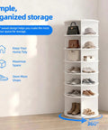 Dope Space-Saving 7-Tier Rotating Shoe Rack With Breezy Assembly And Anti-Tip Strap in corner, filled with shoes and accessories.