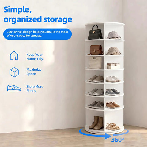 Dope Space-Saving 7-Tier Rotating Shoe Rack With Breezy Assembly And Anti-Tip Strap in corner, filled with shoes and accessories.
