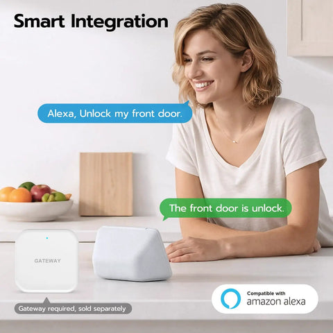 Woman controlling Keyless Fingerprint Smart Door Lock with handle using voice command and Amazon Alexa integration.
