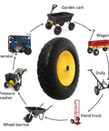 Workhorse 4.80/4.00-8 Solid Rubber Wheel And Tire Assembly Kit surrounded by various carts and equipment