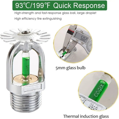 Pro Grade Quick Response Fire Sprinkler Head Pendant Style 1/2 Inch Thread 93C 199F Activation Temp Copper Body With Chrome Plating 5mm Thermal Glass Bulb showing nozzle and measurement.