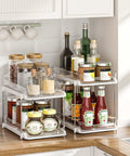 Super Handy Two Tier Under Sink Organizers And Bathroom Storage Solutions For Cabinets And Kitchen Pantries With Smooth Slide Out Drawers And Fully Adjustable Dividers In Bright White Two Pack with spices and sauces.