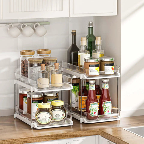 Super Handy Two Tier Under Sink Organizers And Bathroom Storage Solutions For Cabinets And Kitchen Pantries With Smooth Slide Out Drawers And Fully Adjustable Dividers In Bright White Two Pack with spices and sauces.