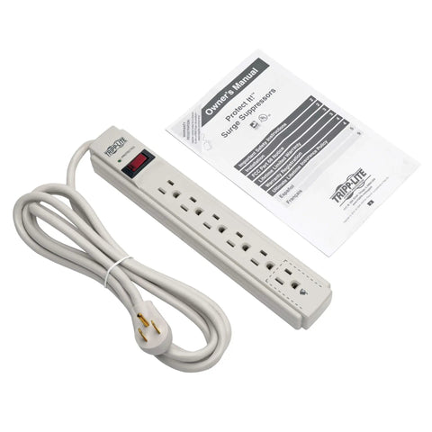 Must Have Surge Protector Power Strip With Six Outlets, Eight Foot Cord, 990 Joule Rating, Flat Plug, 120V Gray beside manual