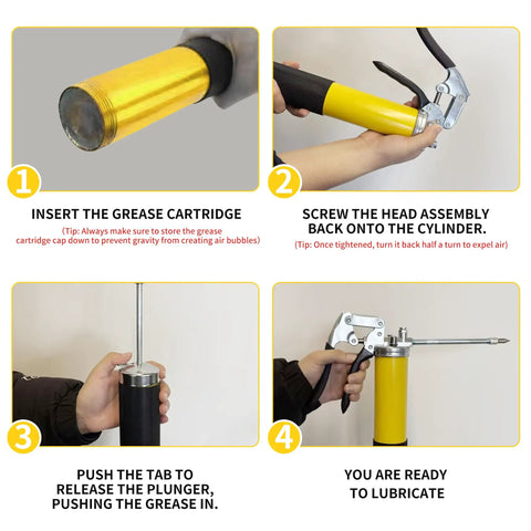 Pro Grade Grease Gun Kit With Pistol Grip, 8000 PSI, step-by-step assembly instructions, 14 Oz Load, 18 Inch Resin Hose