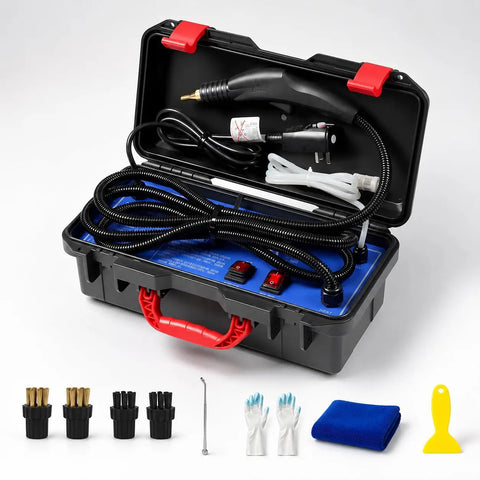 Piudoiliy 3200W High Pressure Commercial Steam Cleaner With 5 Bar Force And Auto Pump kit with attachments and accessories in case.