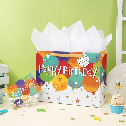 Colorful Balloons Birthday Gift Bag Set With Happy Birthday Text, Matching Tissue Paper, Greeting Card And Tag, Kid Friendly, 13 x 5 x 10 Inches