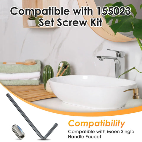 Heavy Duty Set Screw Kit For Quick Faucet Handle Fixes Top Shelf Moen 155023 Replacement Parts in a modern bathroom scene.