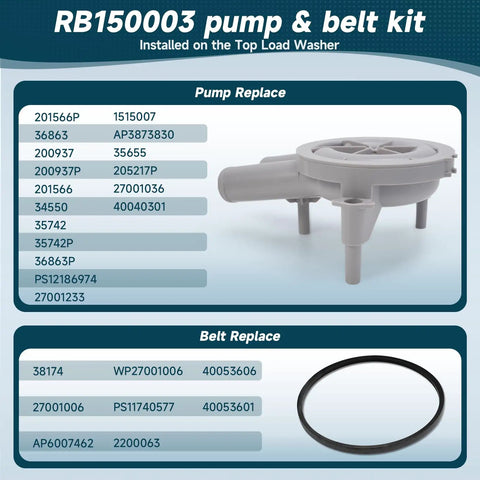 Upgraded RB150003 Washer Drain Pump And Belt Kit 8x6x3.4 Inch Includes Pump Models 201566P 205217P 27001036 36863 And Belt 38174