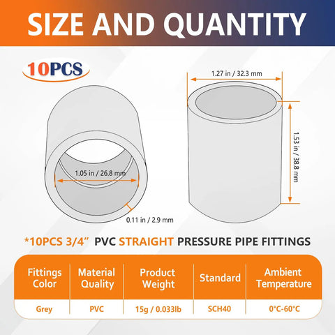 Three Quarter Inch PVC Pipe Fittings Slip Socket Coupling 10 Piece Set diagram with measurements and specifications for irrigation, DIY, plumbing