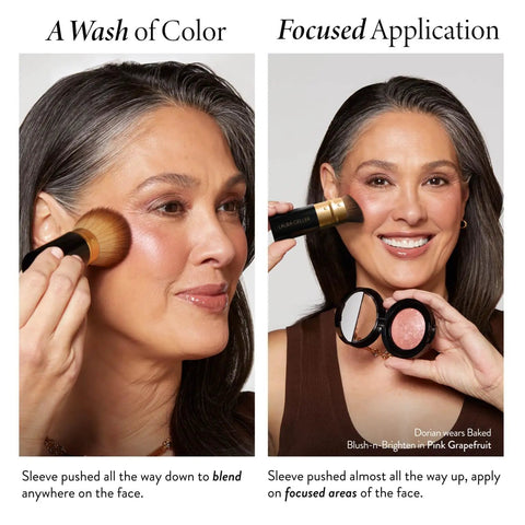 Woman applying Starter Beauty Kit with Best Of The Best Baked Face Palette Baked Balance-n-Brighten foundation with Kabuki brush.